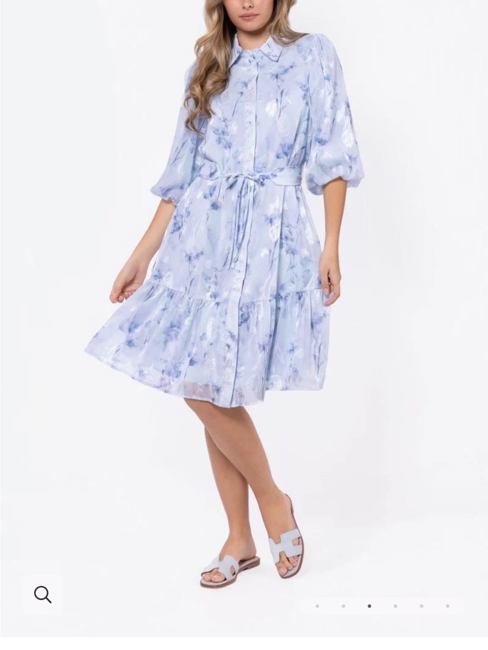 Light Blue Floral Tie-Waist Midi Dress
